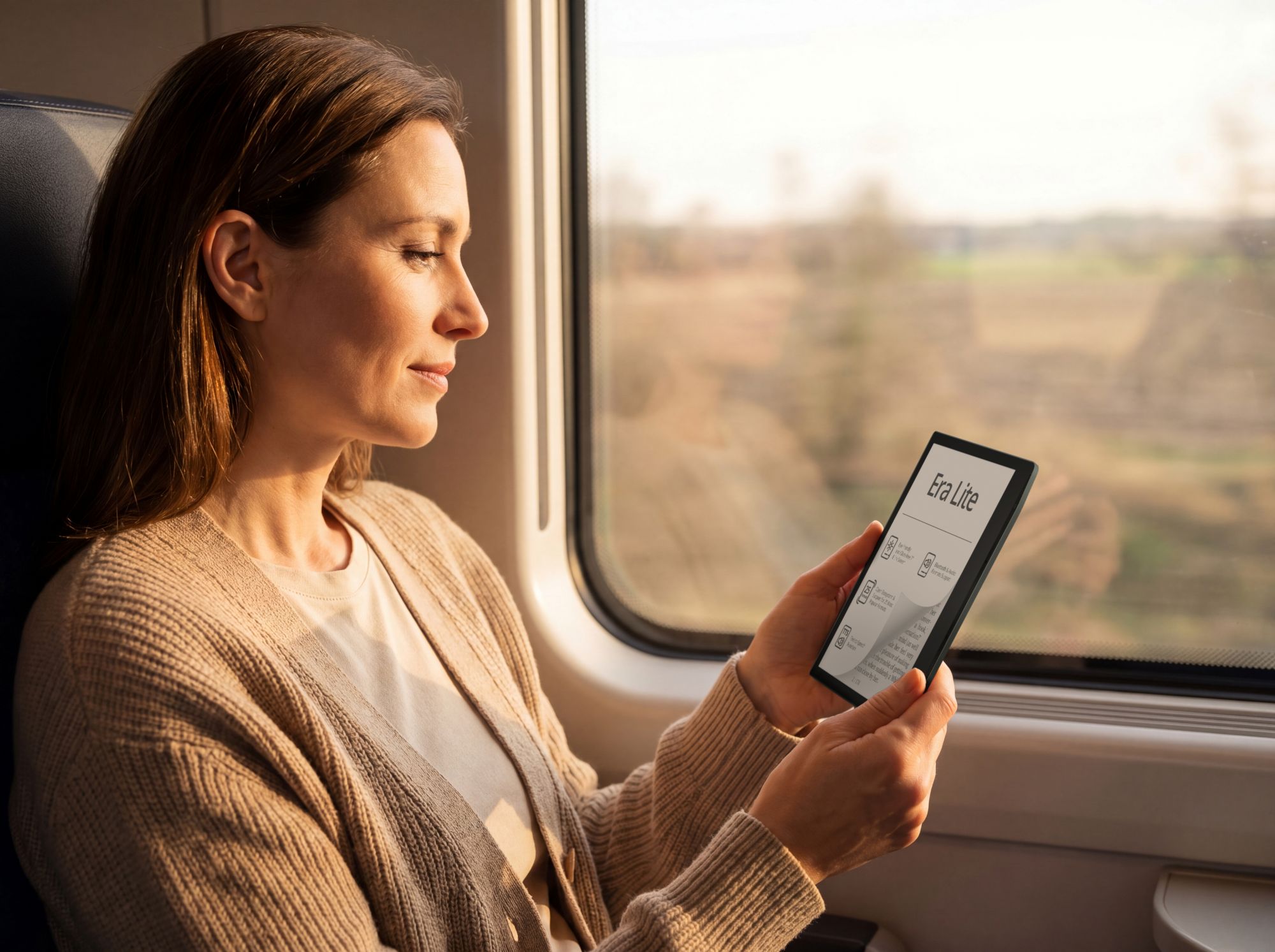 een vrouw leest in de trein een boek op ereader van pocketbook